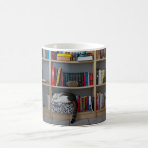 Cute cat sleeping on bookshelf library books coffee mug