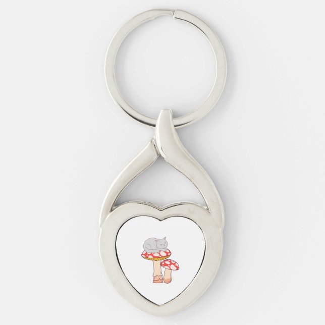 Cute Cat Sleeping on Mushroom Key Ring (Front)