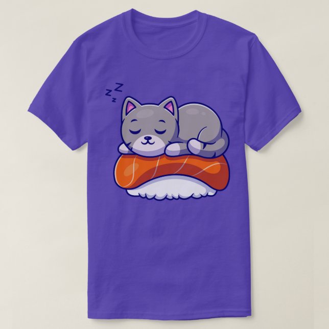 Cute Cat Sleeping On Sushi Salmon Cartoon T-Shirt (Design Front)
