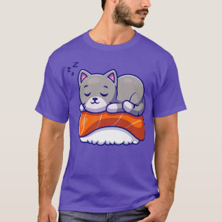 Cute Cat Sleeping On Sushi Salmon Cartoon T-Shirt