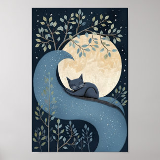 Cute cat sleeping under the Moon and Stars. Poster