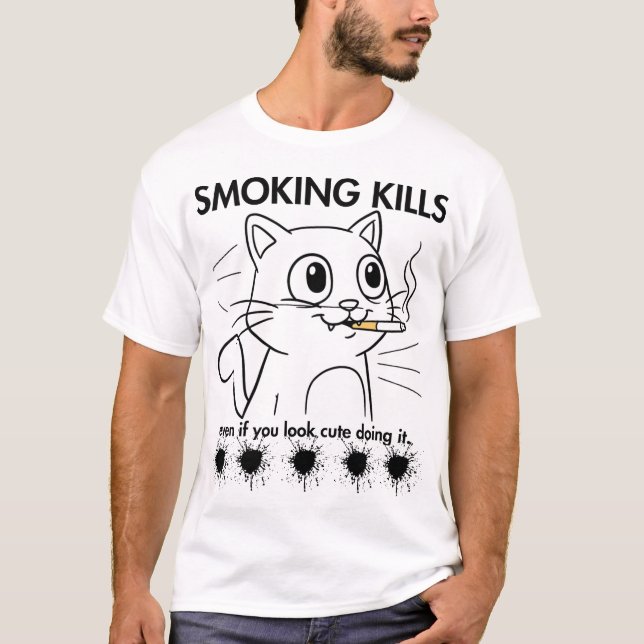Cute Cat -Smoking Kills Funny Anti-Smoking Design T-Shirt (Front)