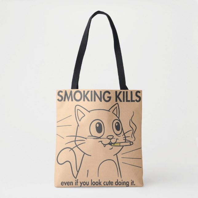 Cute Cat -Smoking Kills Funny Anti-Smoking Design Tote Bag (Front)