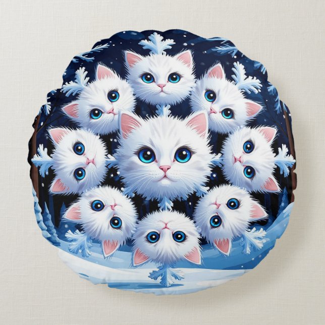 🌸 Cute Cat Snowflake Cosy Home Style 🌸 Round Cushion (Front)