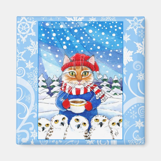 Cute cat, snowy owl winter nature magnet (Front)