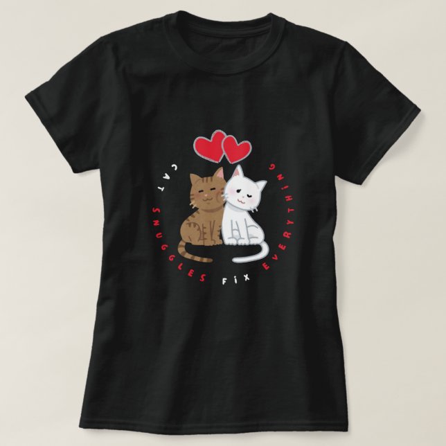 Cute Cat Snuggle Love Illustration T-Shirt (Design Front)