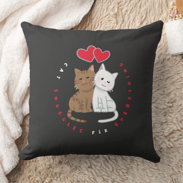 Cute Cat Snuggle Love Illustration T-Shirt Cushion (Blanket)