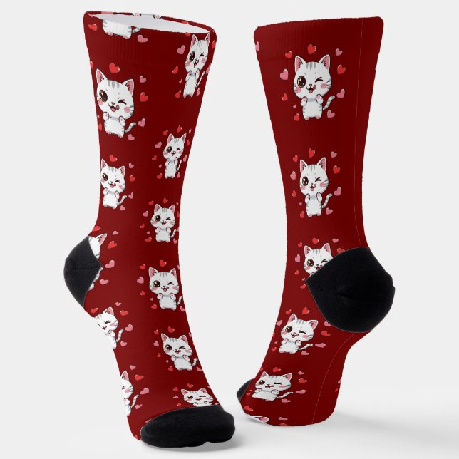Cute Cat Socks with Hearts –  Cat Lovers Gift (Angled)
