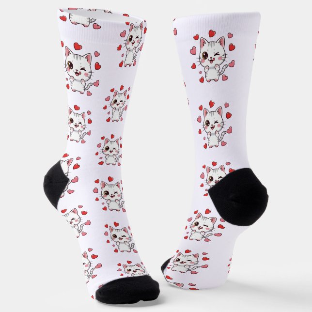 Cute Cat Socks with Hearts –  Cat Lovers Gift (Angled)