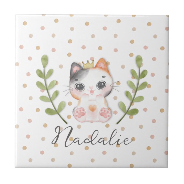 Cute Cat Soft Gender Neutral Dotted Child Nursery Tile (Front)