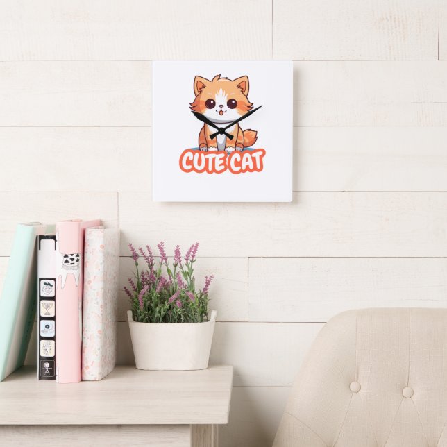 cute cat square wall clock (Reading Room)