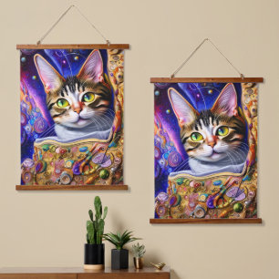 Cute Cat Starry Neon Background   Cat Design Hanging Tapestry