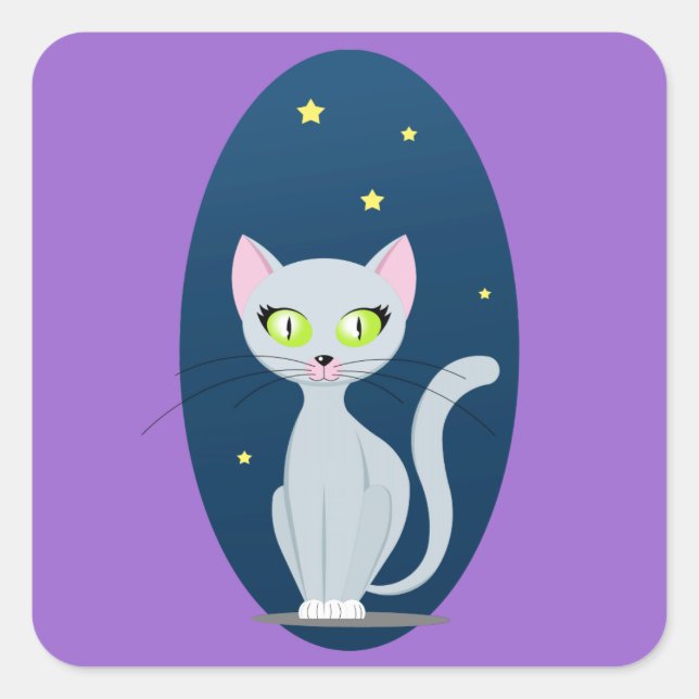Cute Cat Starry night sky Cartoon on Custom colour Square Sticker (Front)