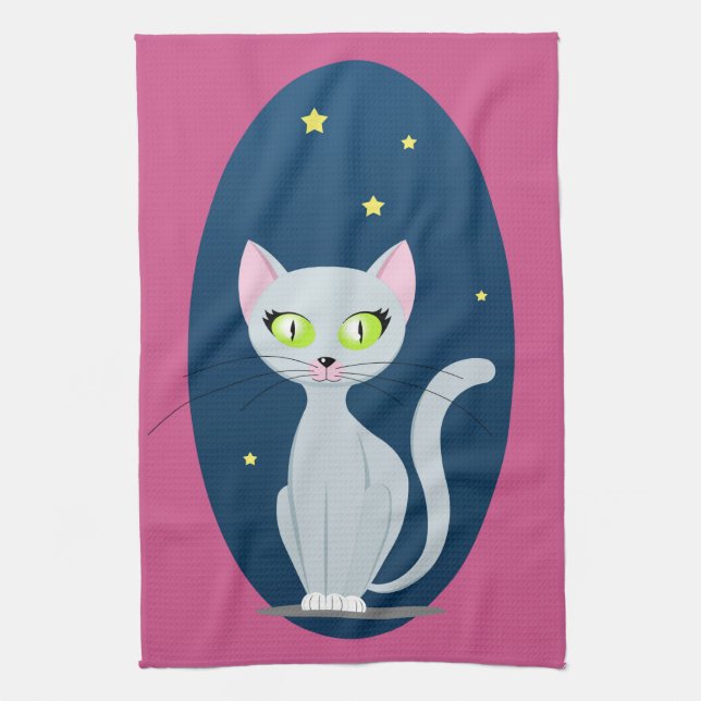 Cute Cat Starry sky Cartoon Pink Custom colour Tea Towel (Vertical)