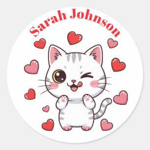 Cute Cat Sticker with Hearts and Customisable Name