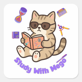Cute cat studying with sunglasses funny square sticker