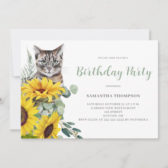 Cute Cat Sunflower Floral Birthday Invitation (Front)