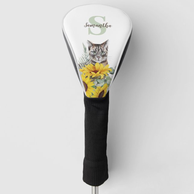Cute Cat Sunflower Monogram Name Golf Head Cover (Front)