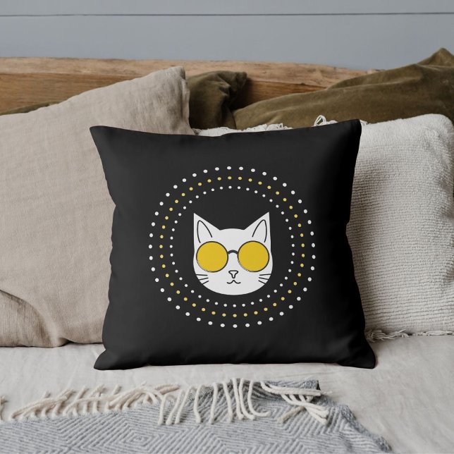 Cute Cat Sunglasses And Dot In Yellow Black White Cushion (Creator Uploaded)