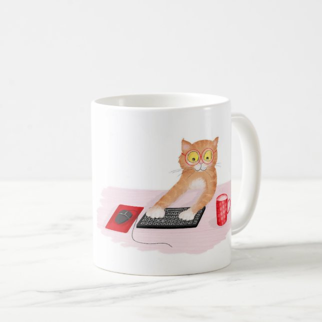 Cute cat surfing the internet on a computer mug (Front Right)