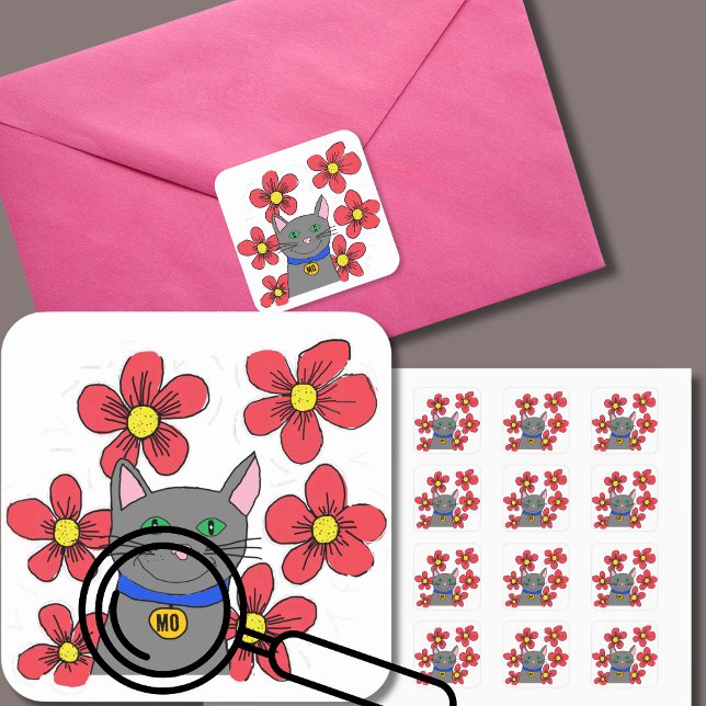 Cute cat surrounded by flowers square sticker (Creator Uploaded)