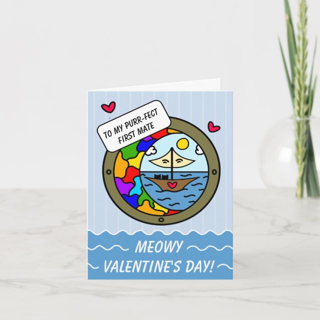 Cute Cat Sweet Adventure Sailboat Valentine Holiday Card (Front)