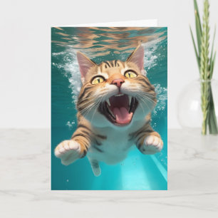 Cute Cat Swimming Diving Underwater in Pool Blank Card
