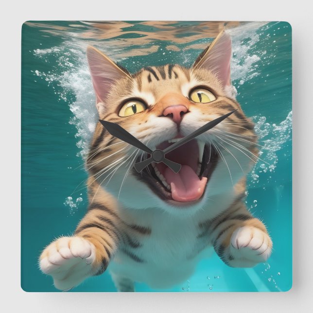 Cute Cat Swimming Diving Underwater in Pool Funny Square Wall Clock (Front)
