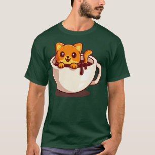 Cute Cat Swimming in Coffee Cartoon T-Shirt