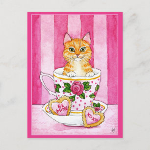 Cute cat tea cup Valentines Day pink postcard