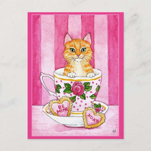 Cute cat tea cup Valentines Day pink postcard (Front)
