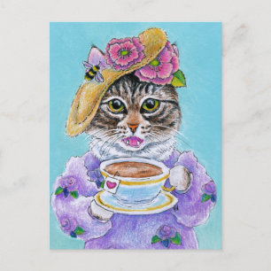 Cute Cat Tea Flowers Bee Valentine's Day postcard