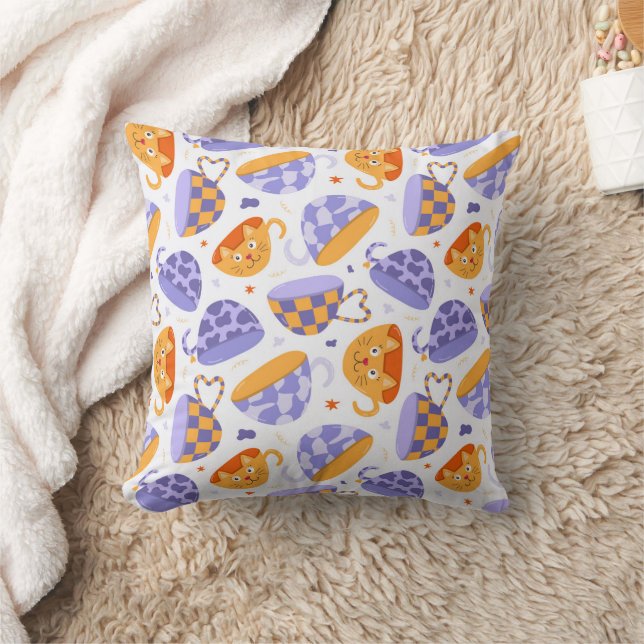 Cute Cat & Tea Pattern Pillow (Blanket)