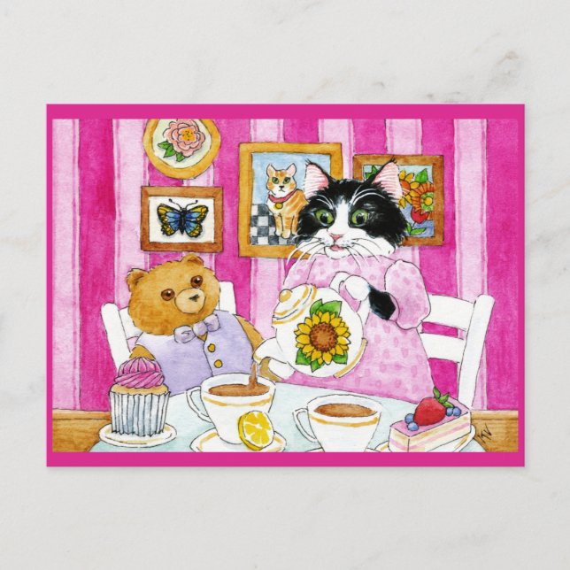 Cute Cat, Teddy Bear, tea party postcard (Front)