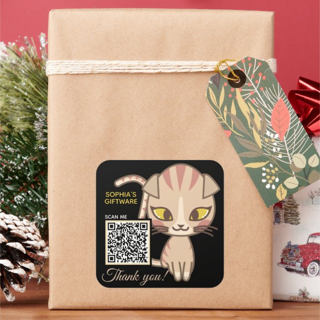 Cute Cat Thank You Animal QR Code Square Sticker (Holiday)
