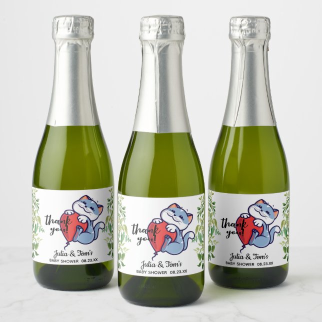 Cute Cat Thank You Baby Shower Favour Mini Sparkling Wine Label (Bottles)