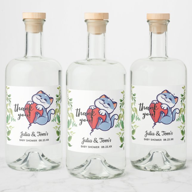 Cute Cat Thank You Baby Shower Liquor Bottle Label (Bottles)