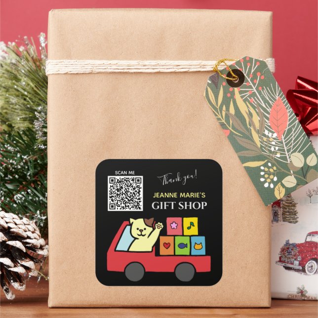 Cute Cat Thank You QR Code Square Sticker (Holiday)
