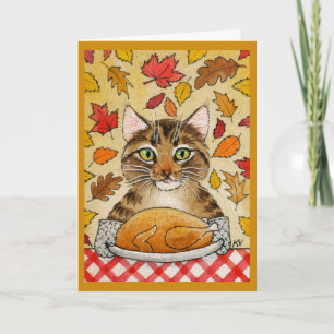 Cute cat Thanksgiving Turkey Autumn Leaves Card