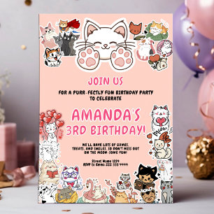 Cute Cat Theme Birthday Party Invitation