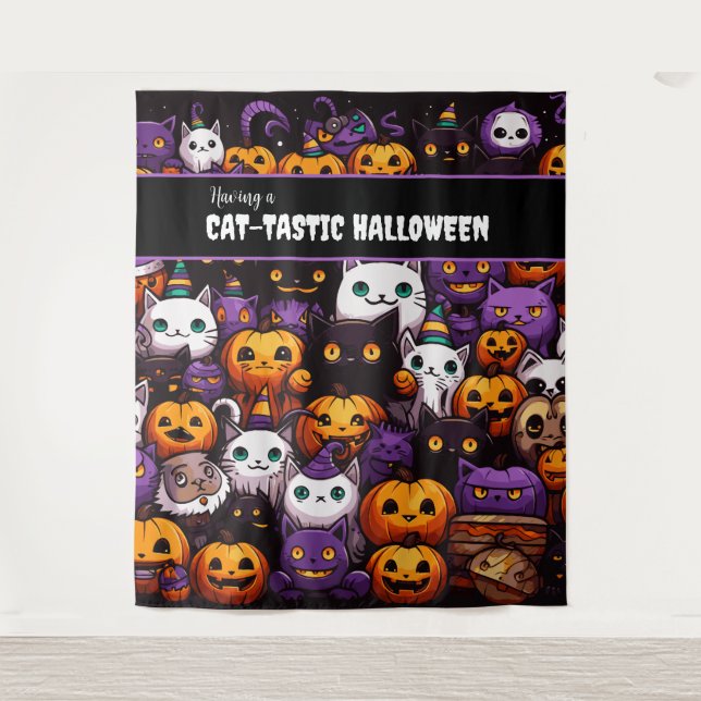 Cute Cat Themed Halloween Party Photo Backdrop Tapestry (Front)