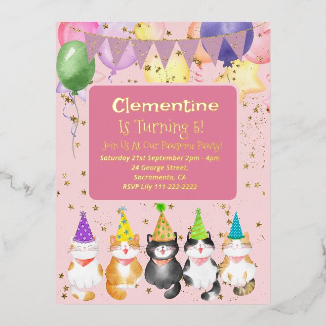 Cute Cat-Themed Kids Pink Birthday Party Foil Invi Foil Invitation Postcard (Front)