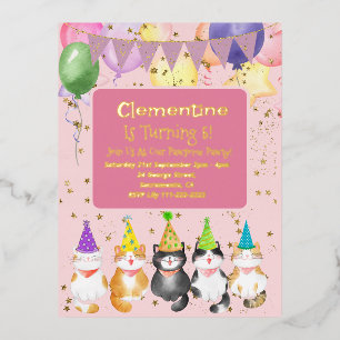Cute Cat-Themed Kids Pink Birthday Party Foil Invi Invitation Postcard