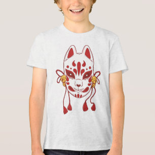 Cute Cat - Traditional Japanese Fox Mask with Red Tri-Blend Shirt