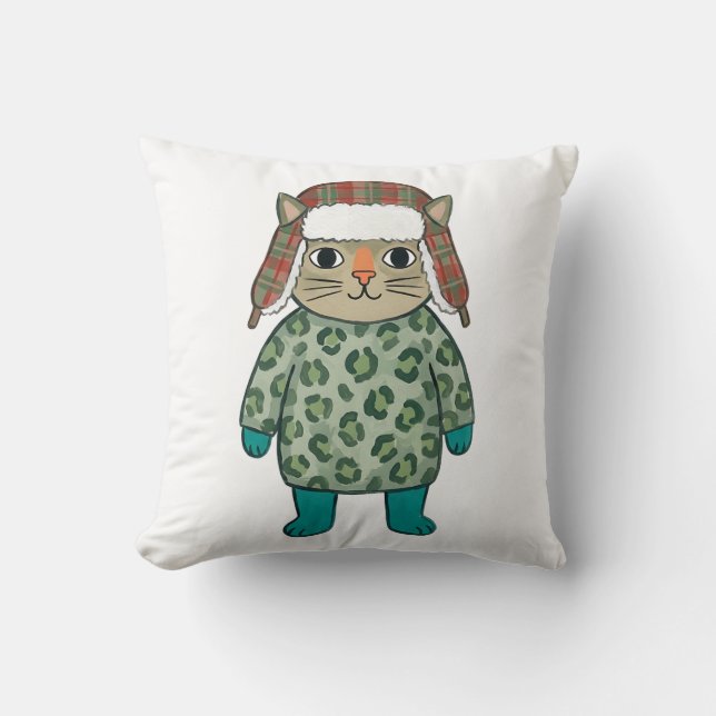 Cute Cat Trapper Hat Throw Pillow (Front)