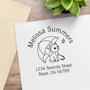 Cute Cat Umbrella Leaf Arch Address Rubber Stamp