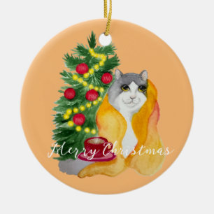 Cute cat under a cosy blanket with a cup of tea ceramic tree decoration