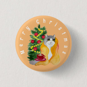 Cute cat under a cozy blanket with a cup of tea 3 cm round badge