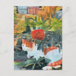 cute cat under a flowering bush postcard