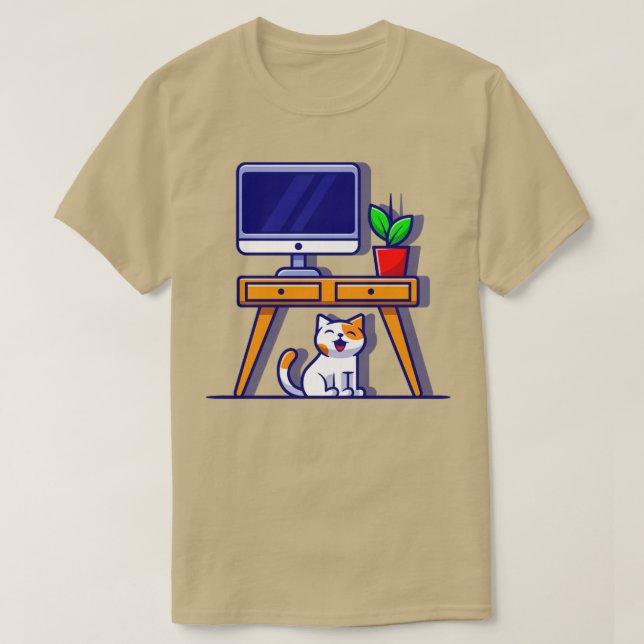Cute Cat Under Table Cartoon T-Shirt (Design Front)